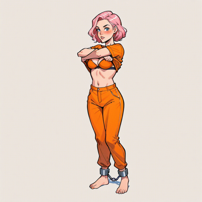 Luna strips off her prison top and reveals an orange bra